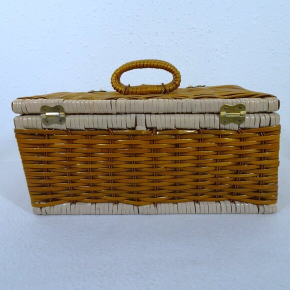 Vintage Wicker Sewing Basket Rectangle Hinged Double Clasp 14x8x7" Handles - Picture 5 of 11